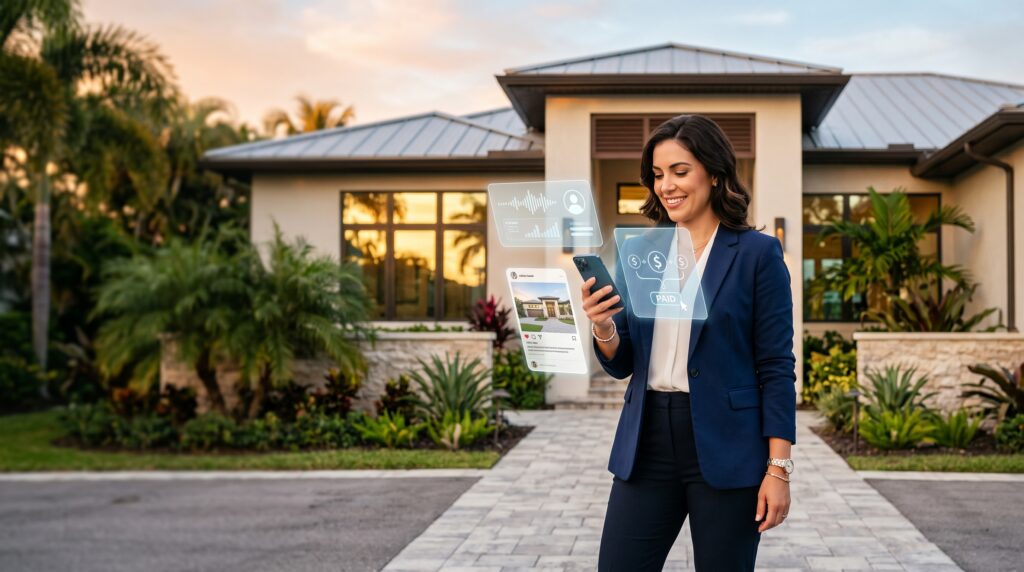A smartly dressed real estate agent in her 30s stands on the walkway of a modern Florida-style home during golden hour, smiling as she looks at her smartphone. Glowing, semi-transparent blue interface panels hover around her phone, displaying UI elements like an AI assistant, payment notification, and social media post preview. The left side of the frame features open space with lush green landscaping under a warm sunset light.